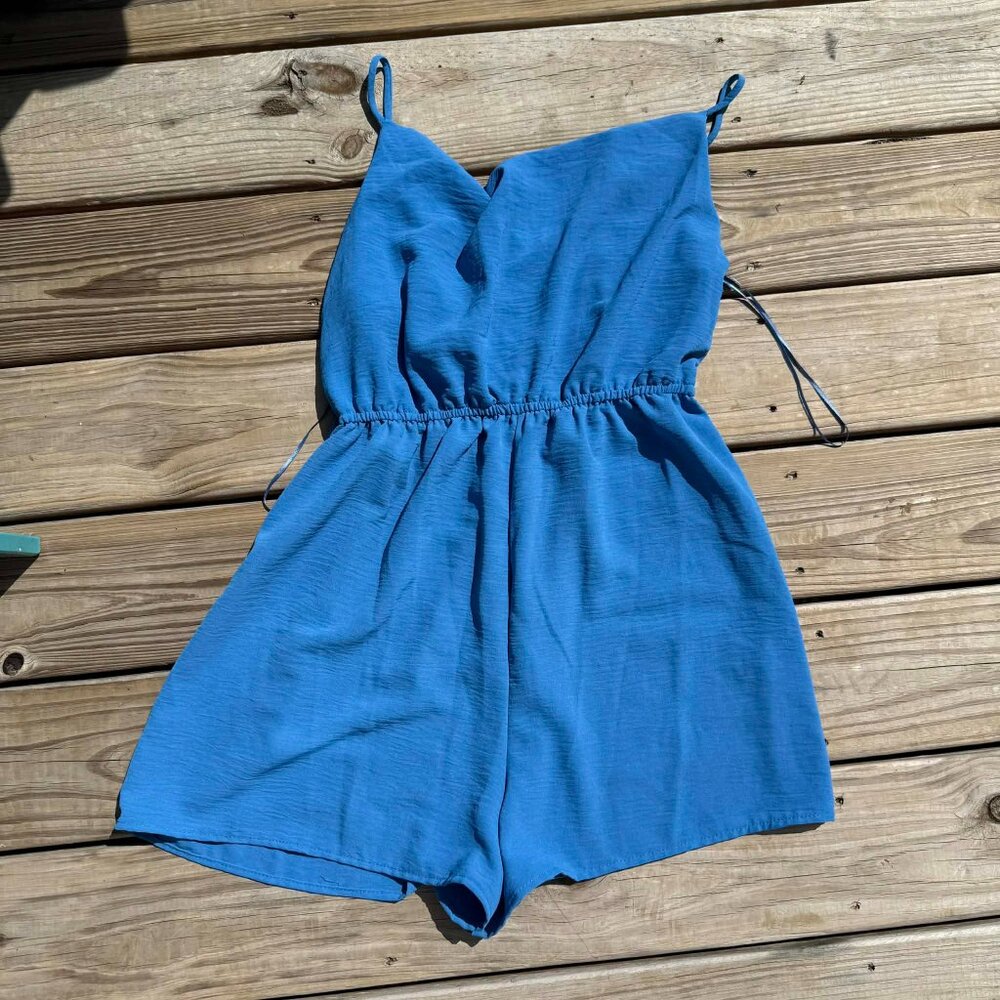 Good Luck Gem Blue Romper Womens M Boho Summer Tie Strap Vacation Outfit 3165